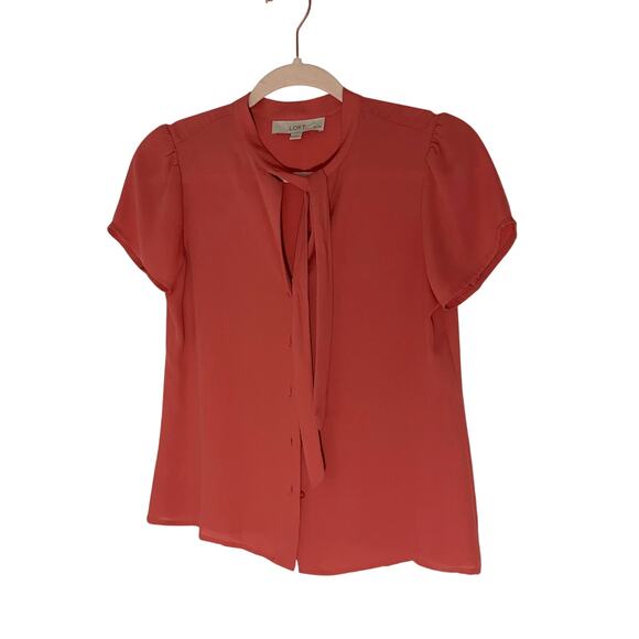 Loft XS Peach Front Button Up Blouse Short Sleeve Preppy Minimalist Babydoll - Picture 1 of 4